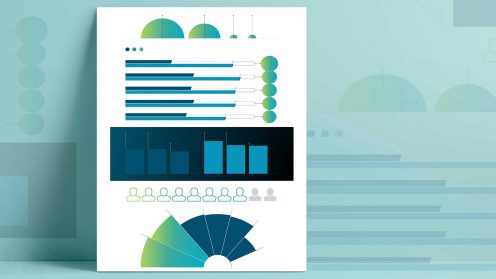 Abstract illustration featuring a digital twin-themed infographic with stylised bar graphs, pie charts, and human icons on a blue and green gradient background.